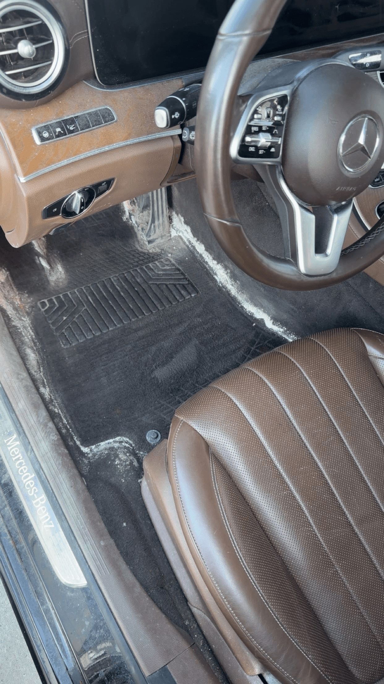 Mercedes-Benz driver-side floor mat — before and after Polish Pistons interior detailing — before